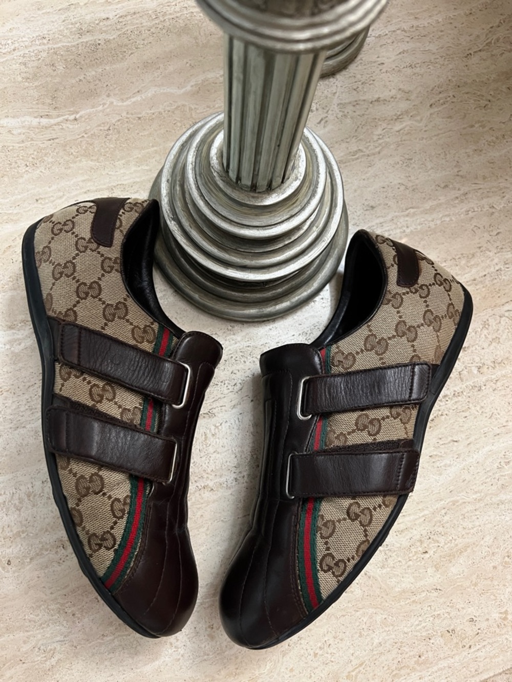 Gucci Brown Leather & GG Canvas Velcro Men’s Sneakers with Web Stripe - Picture 5 of 13